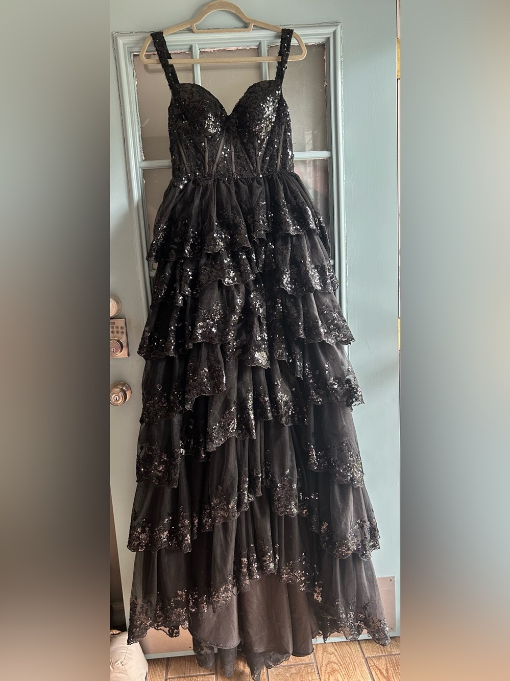 Tiered Ruffle Corset Sequin Tulle Prom High Slit Long Formal Dress Ball Gown - Picture 6 of 12